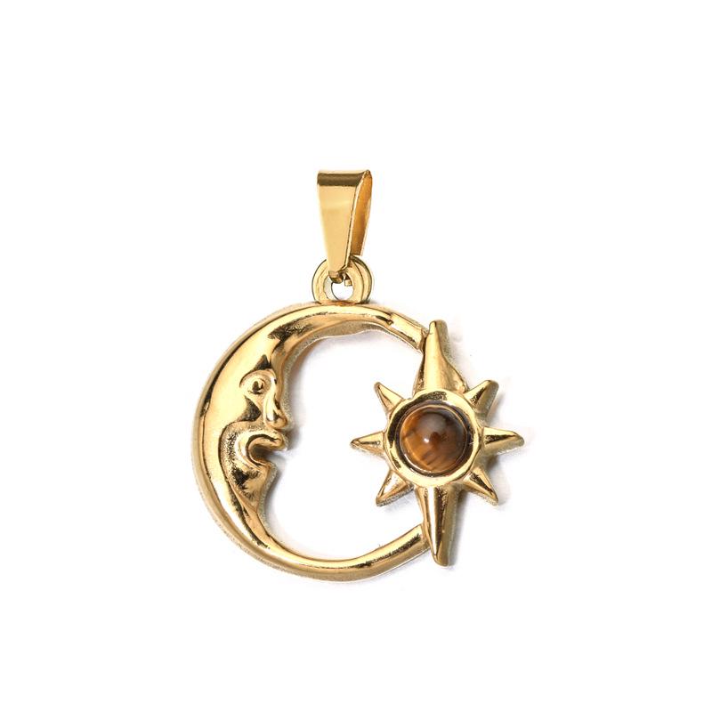 European Retro Sun and Moon Stainless Steel Pendant with Semi-Precious Stone Charm for Women.