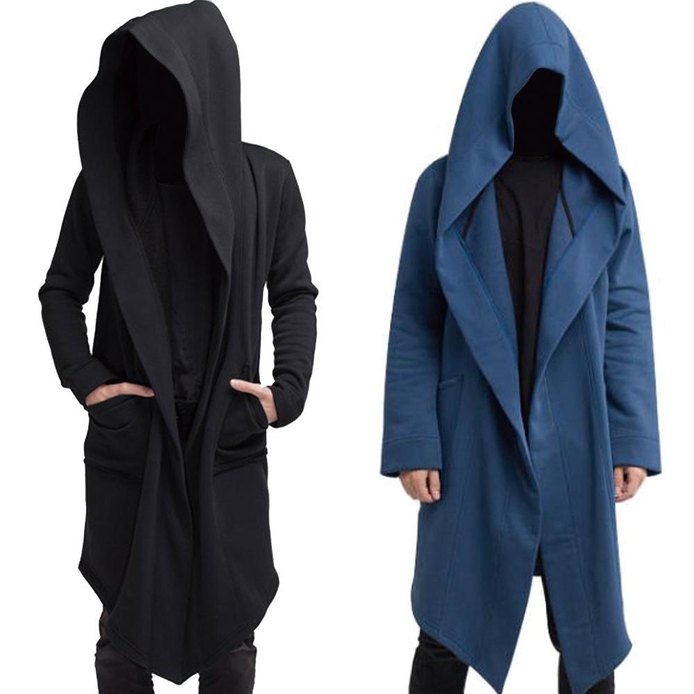 Mens Solid Color Long Sleeve Hooded Coat Big Pocket Winter Casual Gothic Long Jacket