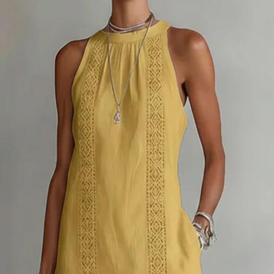 Vestito estivo da donna senza maniche con girocollo, tunica, vestito canotta, casual, ampio, boho, da spiaggia, con spacco laterale, abito estivo
