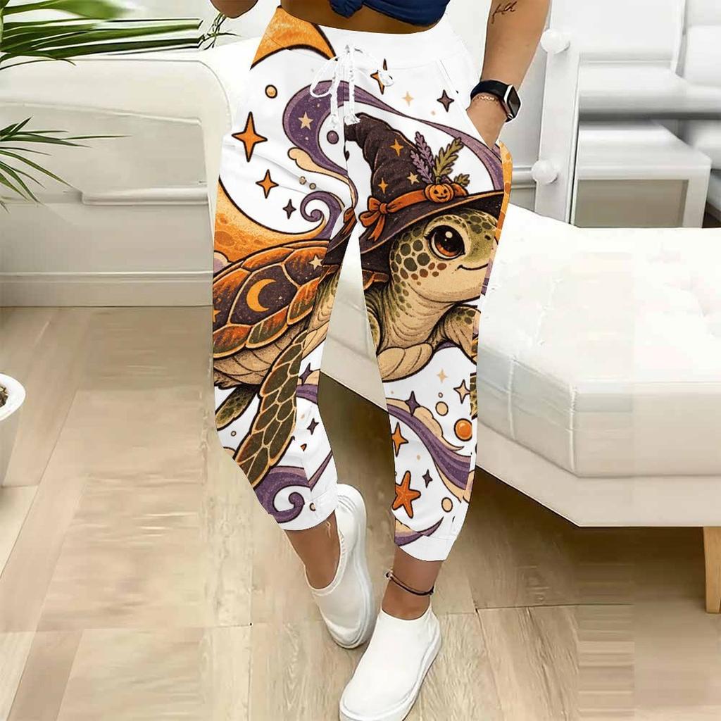 Women Plus Size Cartoon Printed Jogger Pants Drawstring Waist Side Pockets Cuffed Ankle Casual Trousers