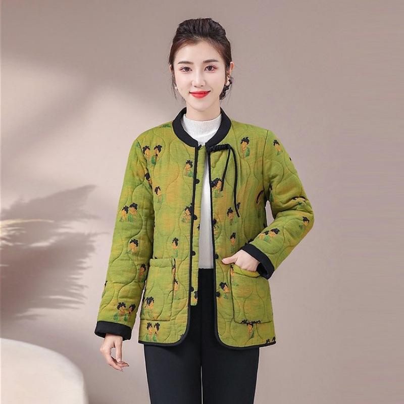 Button stand-up collar padded jacket for women's winter new retro printing padded padded padded jacket padded jacket
