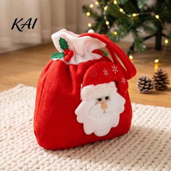 Drawstring Candy Pouches Christmas Flannel Bags, Fruit Cookie Packing Bag, Cute Holiday Goodie Bags Snowman/Santa/Elk Gift Wrap Bag for Presents,