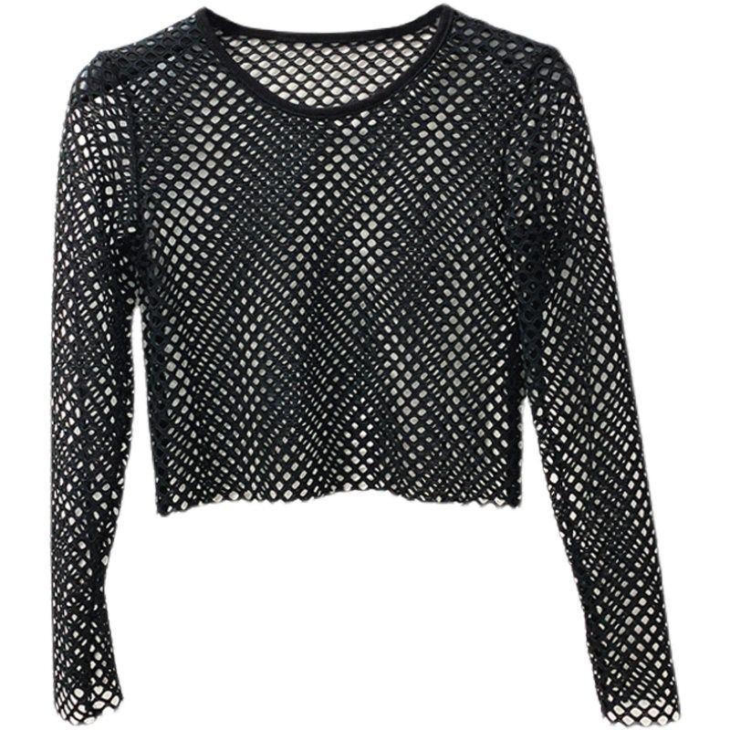 

Large Mesh Short Long Sleeve Top round Neck Pullover High Waist Midriff Outfit Half-Length Fishnet Blouse Fashion Holiday Lace Shirt Black L