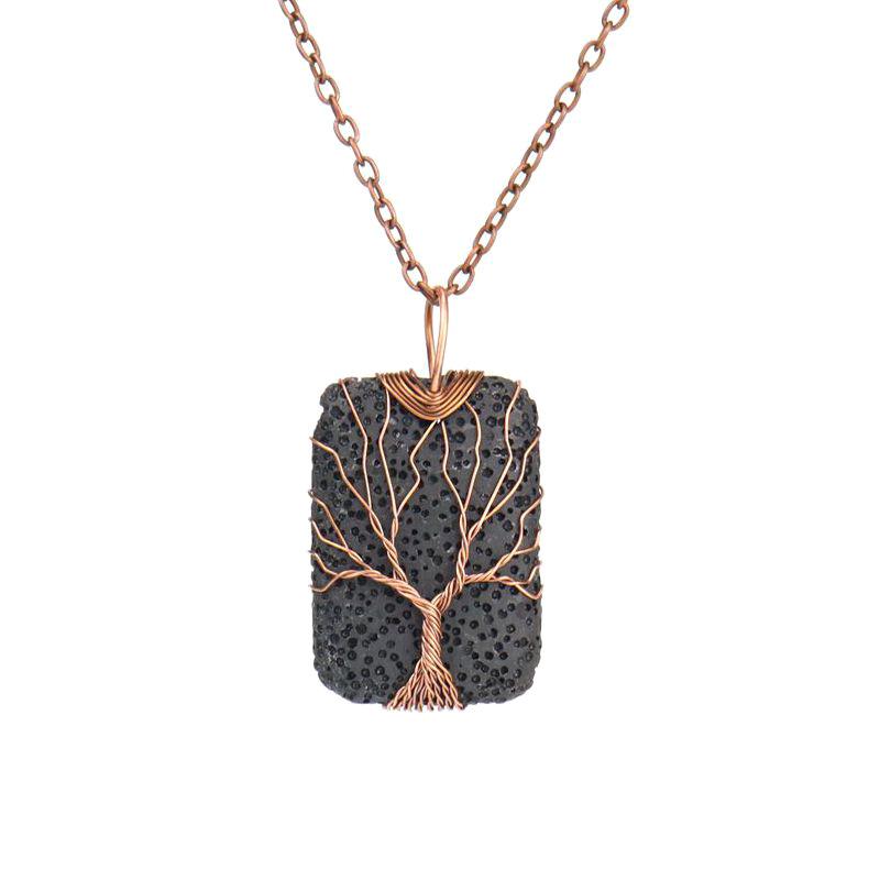 Hand-Wound Rectangular Volcanic Stone Tree Of Life Pendant Necklace, Couple Necklace N525