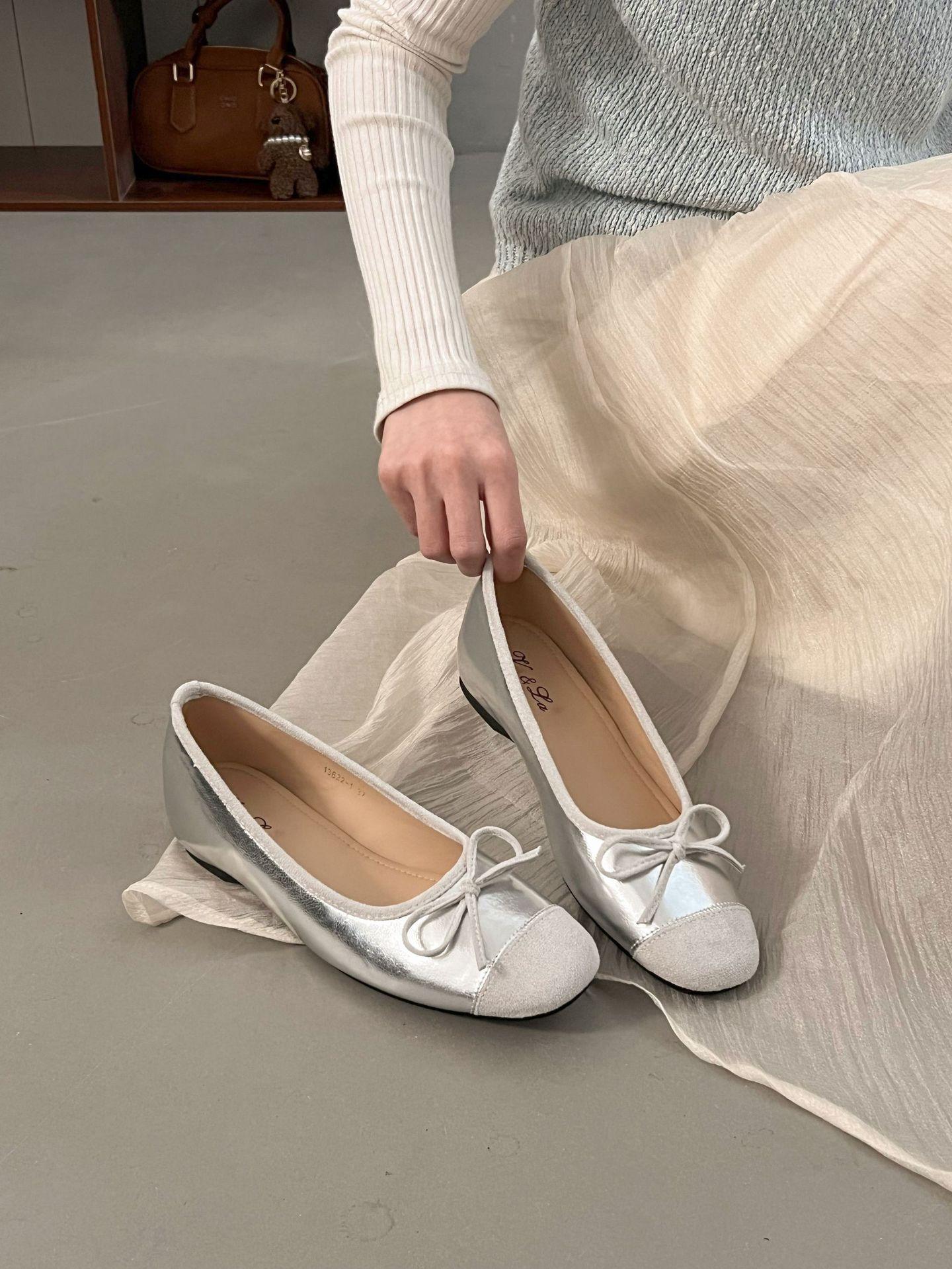 

French inner height increase 2025 spring and summer ballet beanie shoes Mary Jane new single shoes women s evening shoes light mouth silver 36 срібний