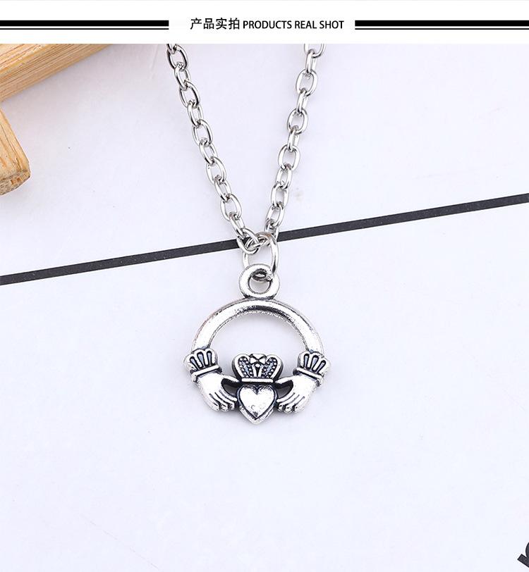 Retro Crown Necklace with Hands Holding Heart Pattern Ornament Christmas Birthday Gift