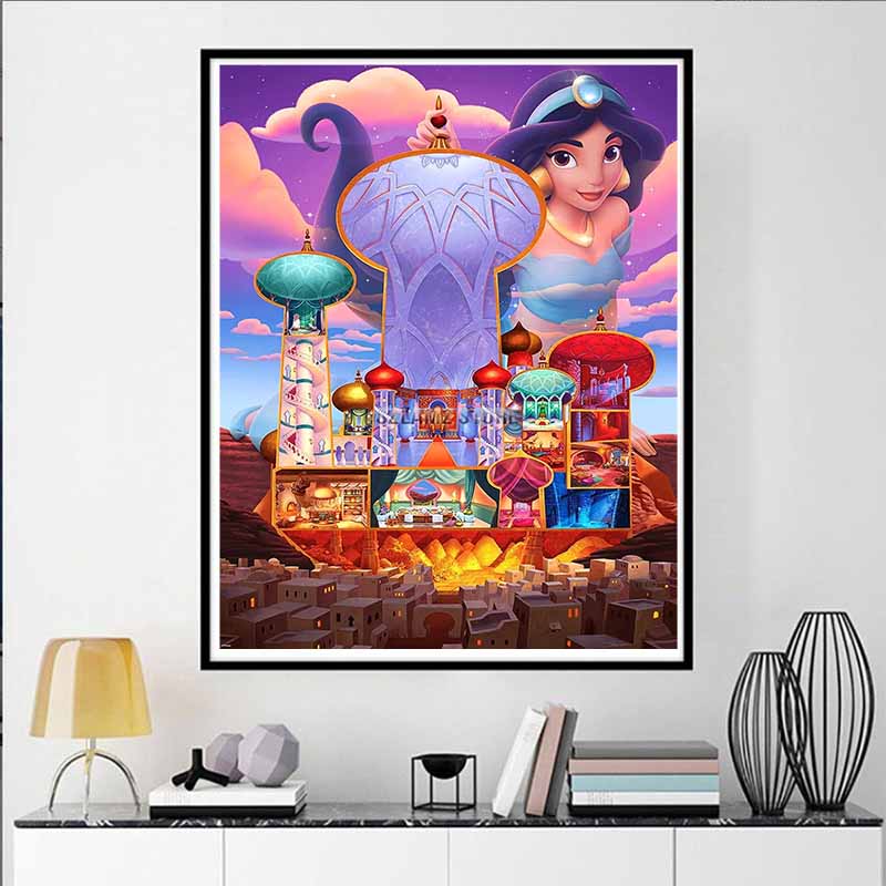 Disney Diamond Painting Jasmine and The Night Castle Illustration Wall Decoration Embroidery Full Diamond Cross Stitch DIY Gift Home Decoration