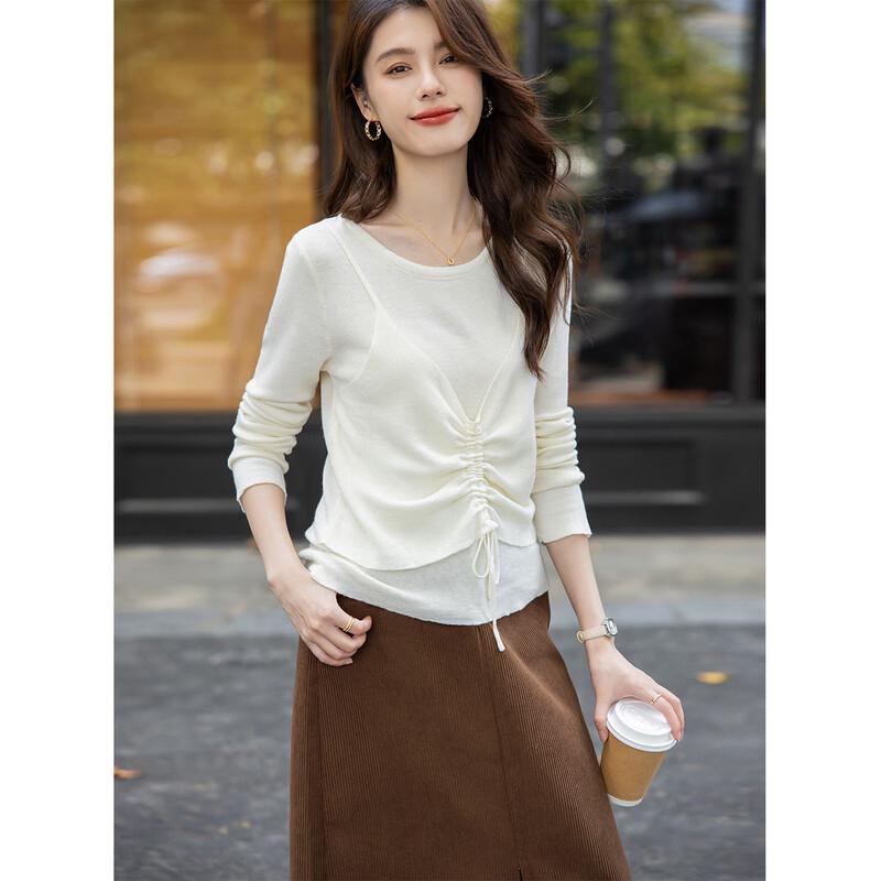 ITISF4 Women's Korean Style Faux Two-Piece Drawstring Knit Top