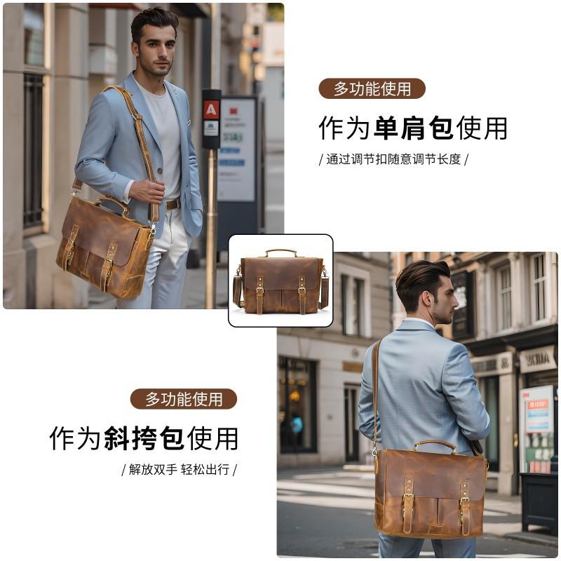 Crazy Horse Leather Business Briefcase High-end Minimalist Mailman Bag Genuine Retro Laptop