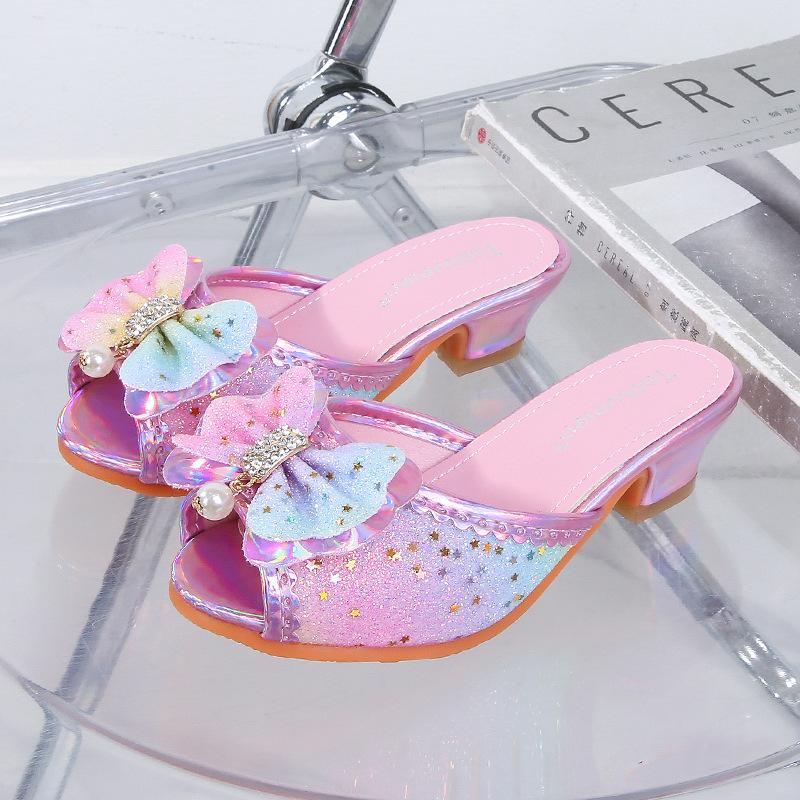 

Children s high heels cool slippers girls summer princess shoes little girl rainbow crystal shoes bow fashion classmate inner length of size 35 is 22.4cm рожевий