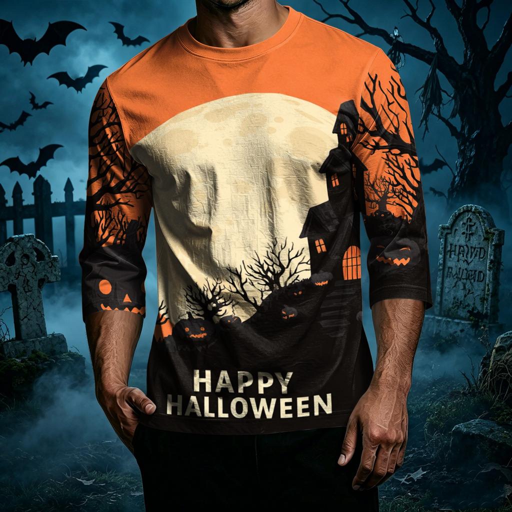 Men's Casual Halloween Print Crew Neck T Shirt Three Quarter Sleeve Top with Graphic Design for Seasonal Wear