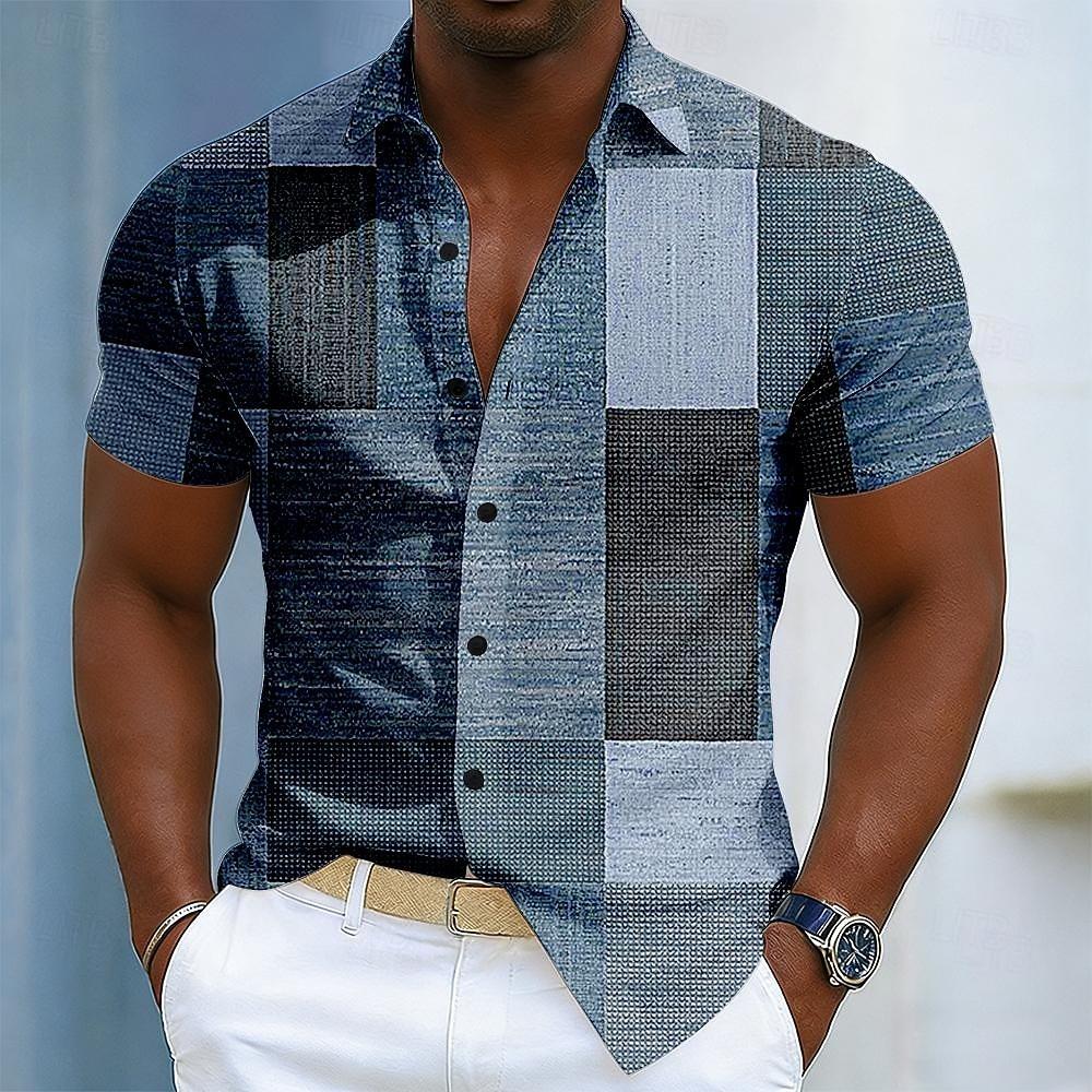 Men's Short Sleeve Turndown Collar Button Up Shirt, Geometric Color Block Patchwork 3D Print Design, Spring & Summer Vacation