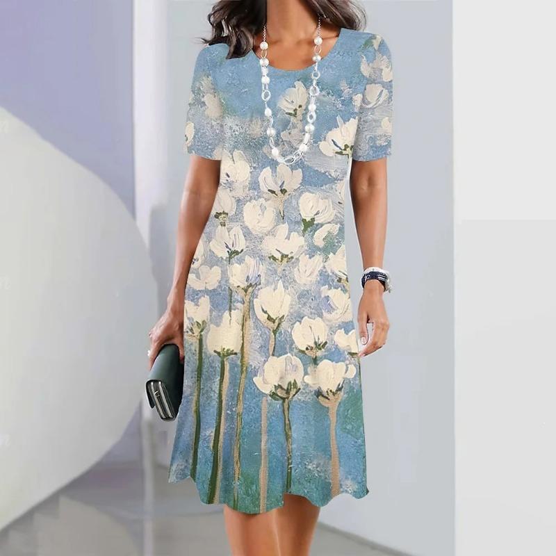 Elegant Floral Print Midi Dress Summer Women's Loose A-Line Dress Digital Printing Round Neck Short Sleeve Comfortable Fit