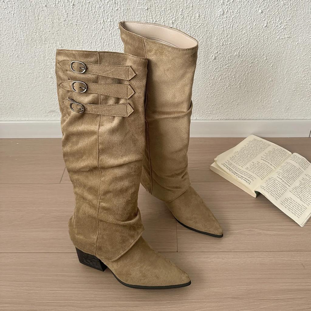 Vintage Thick Heel Women Knee High Boots Fashion Button Combination Splicing Knight Long Booties  Shoes  De Mujer