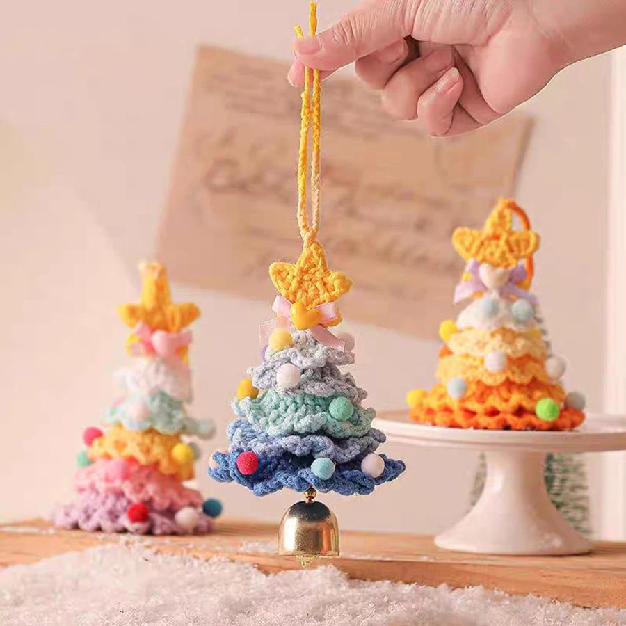 New Knitted Christmas Tree with Jingle Bell Plush Christmas Hanging Pendant Wool Crochet Christmas Tree forChristmas Party Decor