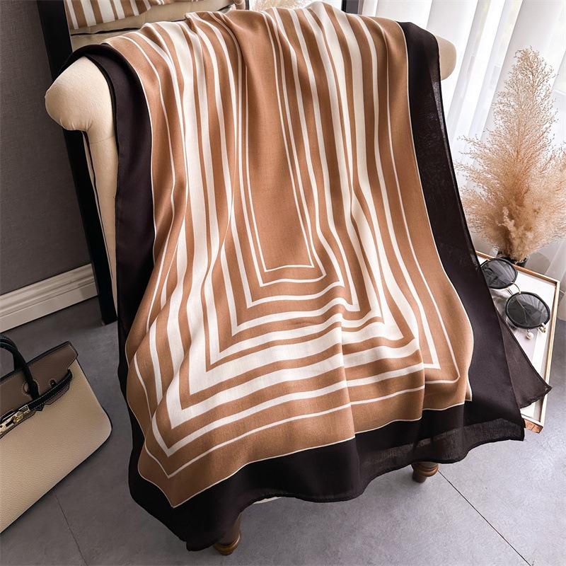 New Extended Printed Silk Scarf Striped Scarf Scarf Cotton and Linen Sunscreen Shawl Versatile Autumn and Winter Headscarf Women