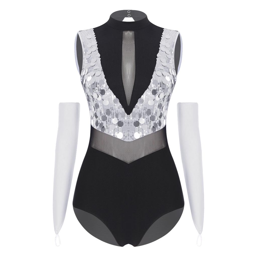 Women Shiny Sequin Leotard Gymnastics Dance Performance Outfit Mock Neck Sleeveless Sheer Mesh Waist Cutout Back Bodysuit