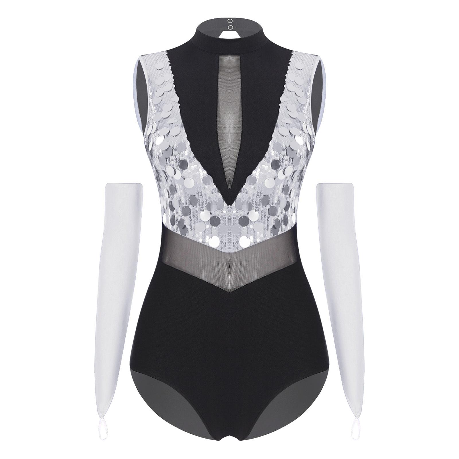 Damen Glitzer Pailletten Turnanzug Gymnastik Tanzaufführung Outfit Stehkragen Ärmellos Transparenter Mesh Taillenausschnitt Rücken Body S silber