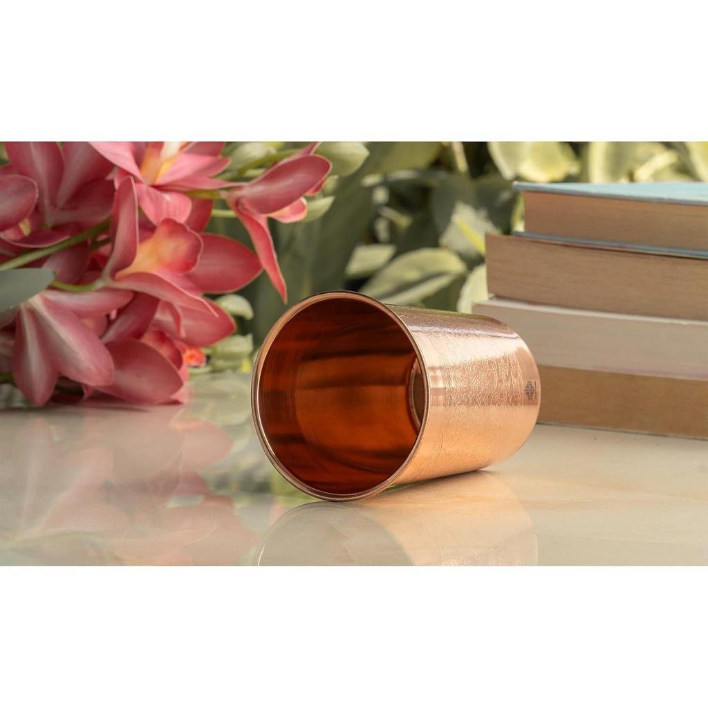 Pure Copper Embossed Design Glass - 275 ML, Copper Tumbler for Water Drinking, Elegant Drinkware & Serveware, Set of 6