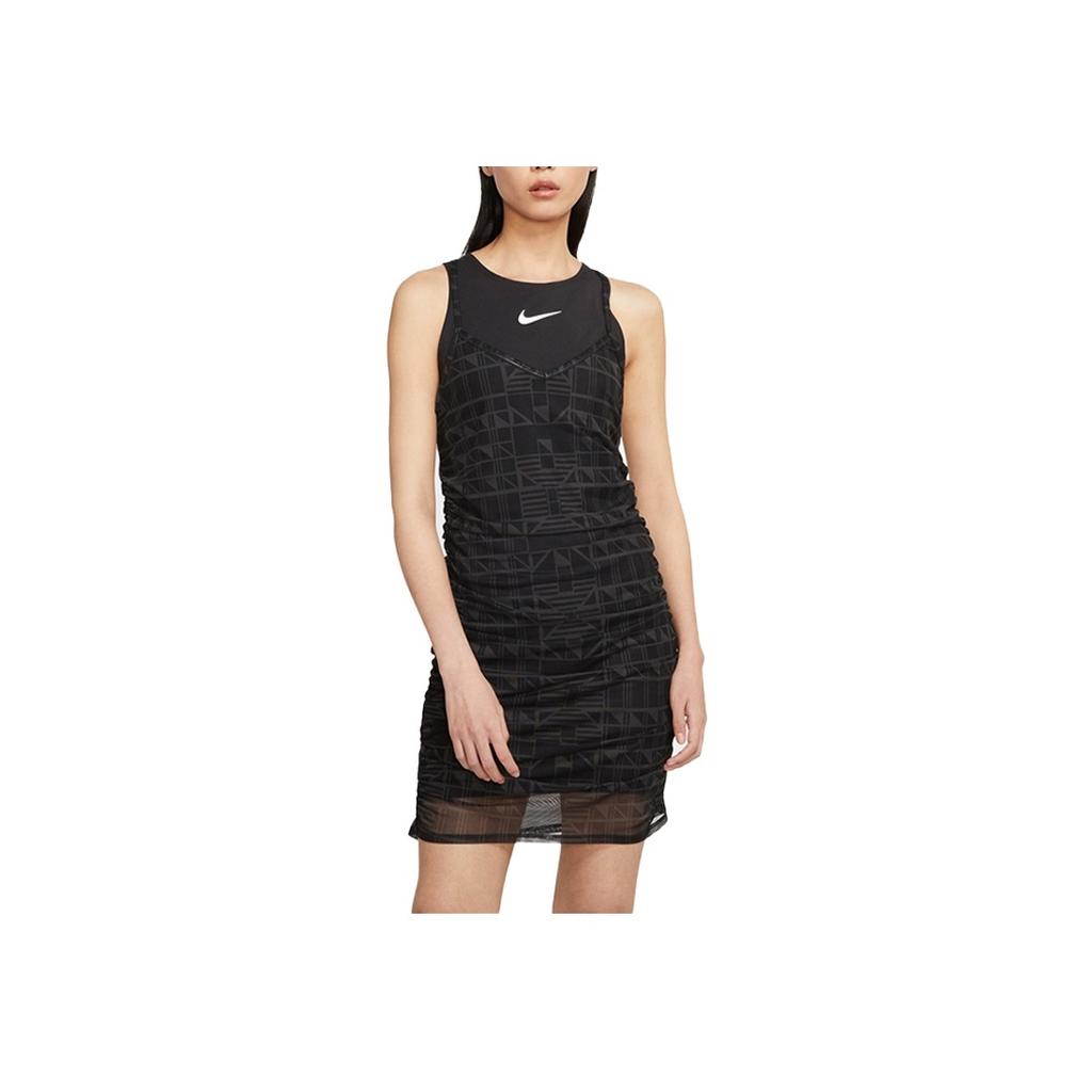 Nike Solid Logo Print Casual Sports Round Neck Moisture Wicking Sleeveless Dress Women Dresses Black CJ3001-010