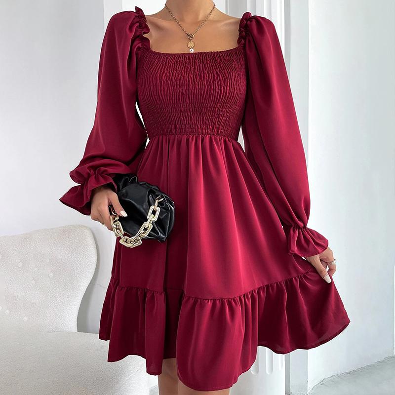 2025 French Minimalist Square-Neck Dress Long-Sleeve High-Waisted Bodycon Dress with Flounced Hem
