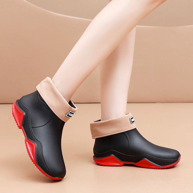 Korean Style Women's Short Shaft Rain Boots Waterproof Warm Flat Sole Kitchen Work Car Wash Rubber Boots Men's