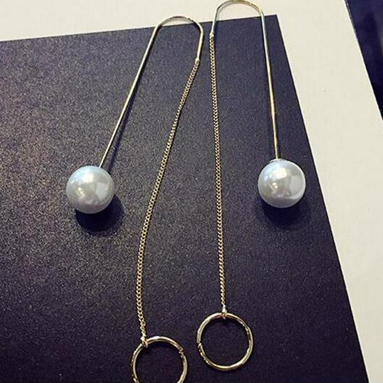 Korean Pearl Circle Long Chain Earrings