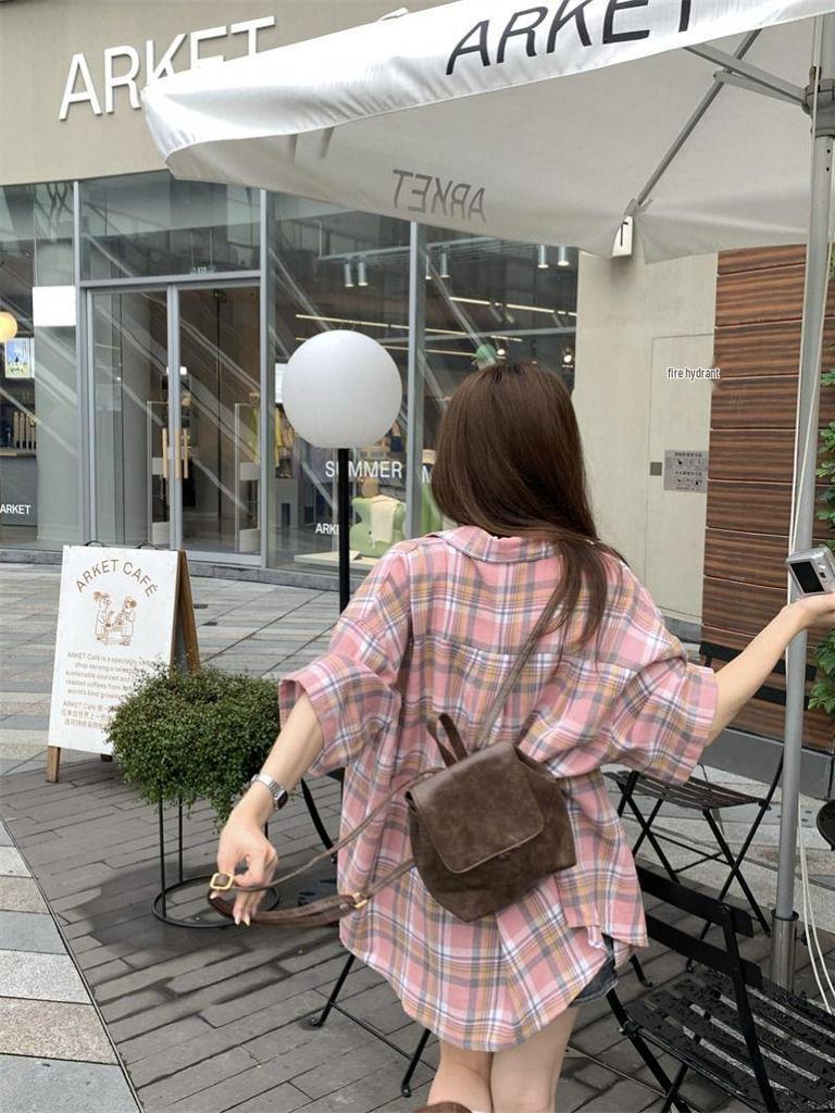 Koreanisches Hip Hop Retro Karo Oversized Kurzarmhemd für Damen