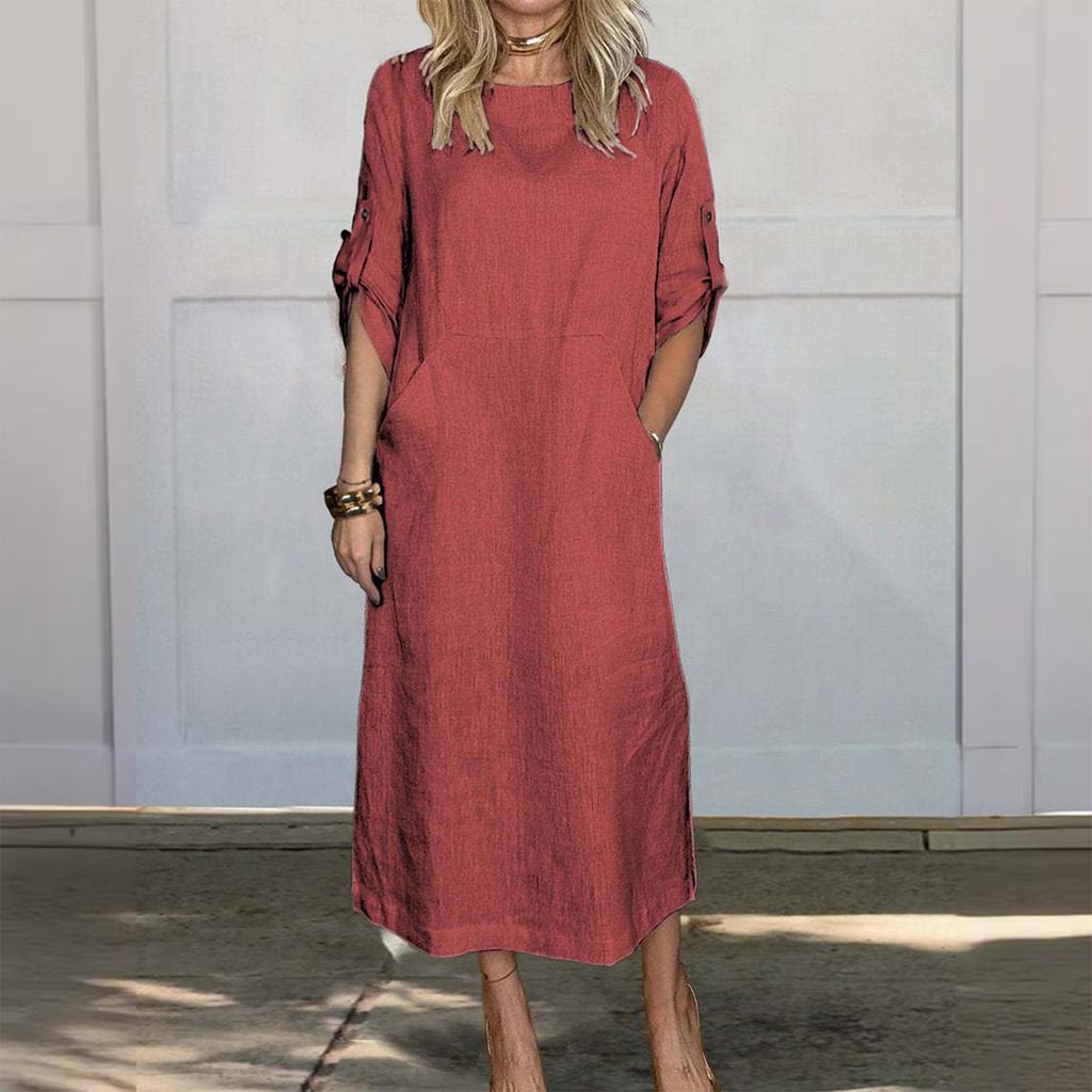 Modisches Damenkleid mit Rundhalsausschnitt, Farbe, locker, lässig, kurzärmelig, Tasche, Baumwolle und Leinen