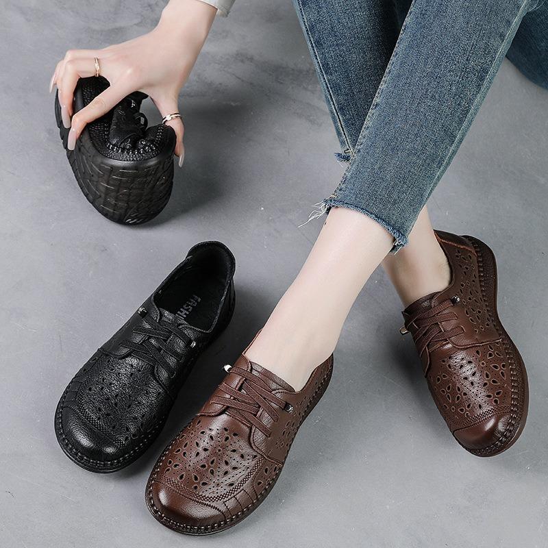 First layer cowhide summer new soft-soled mother shoes retro sandals women's hollow breathable thick-soled hole shoes