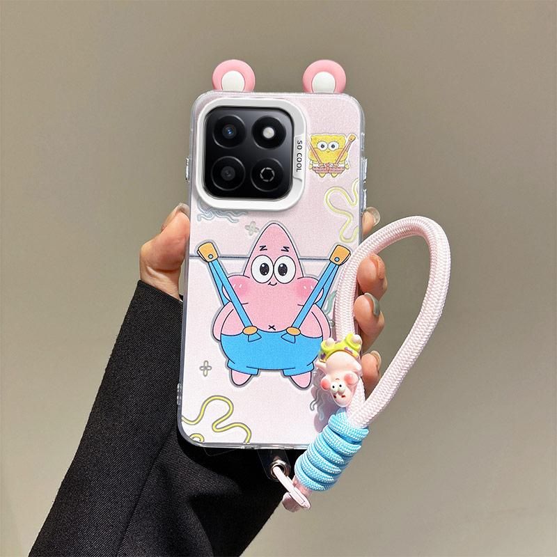 KEYSION Cute Ear Cartoon Case for HONOR X7c with Lanyard Soft Silicone+PC Shockproof Phone Cover for Huawei Honor 200 Smart 5G