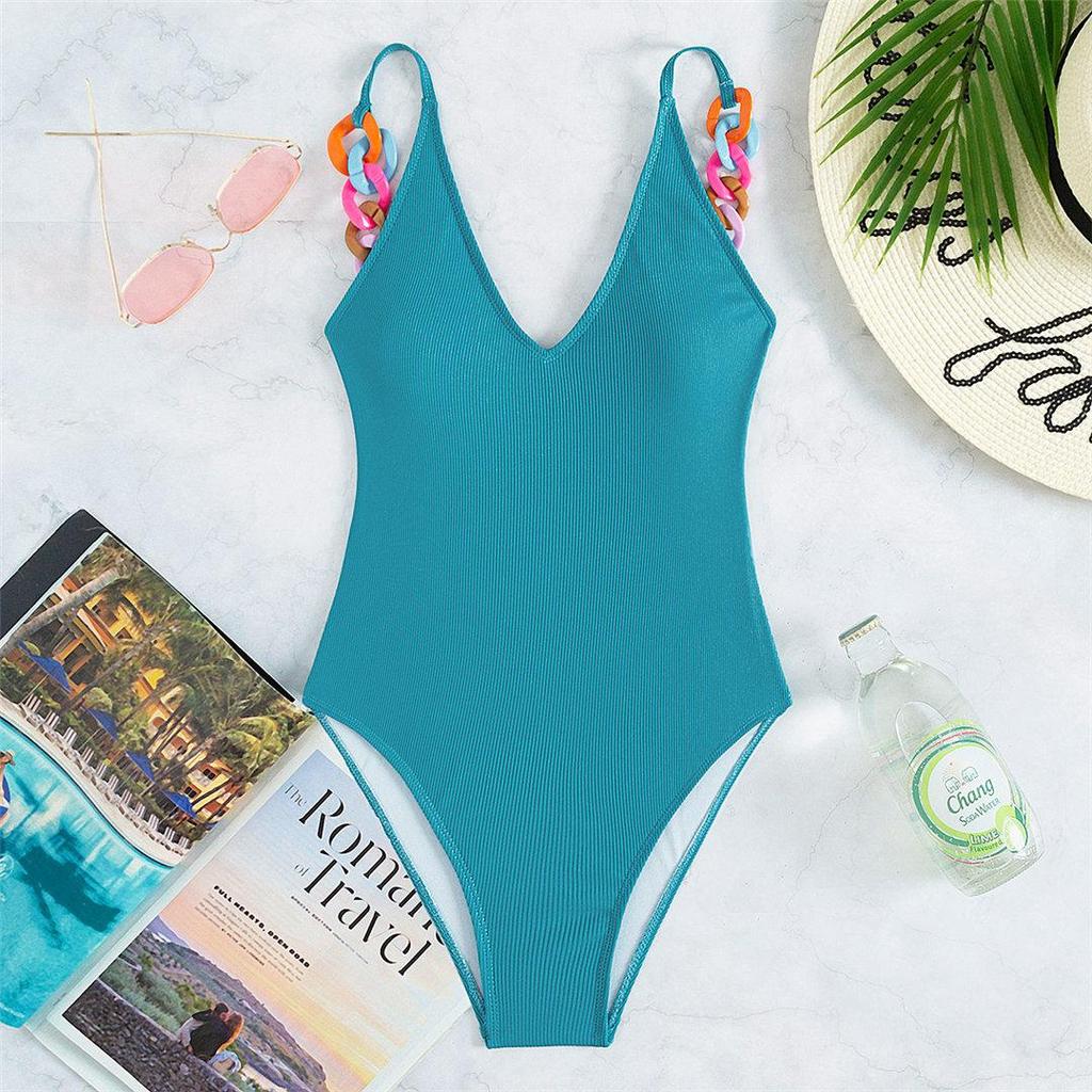צוואר V סקסי צלעות צבעוניות טבעות בגד ים חתיכה אחת לנשים בגדי ים לנשים מונוקיני מרופד בגד ים שחייה ליידי