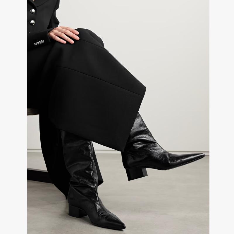 Krazing Pot Cow Skin Microfiber Pointed Toe Med Heels Over-the-knee Boots Size 46 Size 45 Slip on Plus Size Women Keep Warm Long Boots