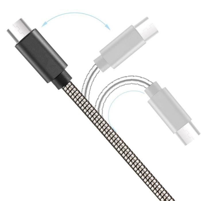 Câble Micro USB - Métal Noir - Lot de 2 - 1M - Compatible Android - Recharge rapide - Élégant