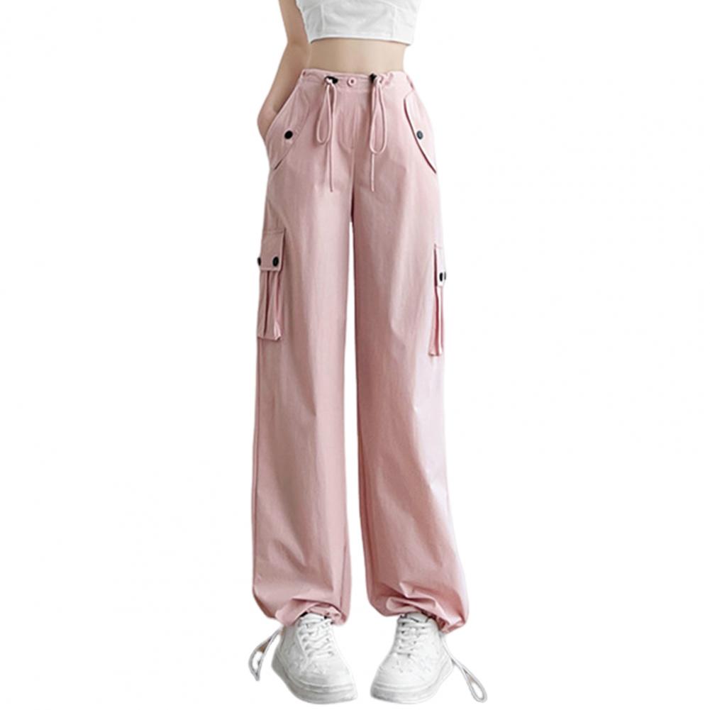 Men Cargo Pants Elastic High Waist Casual Trousers with Multi Pockets Design Straight Wide Leg Sport Pants Streetwear