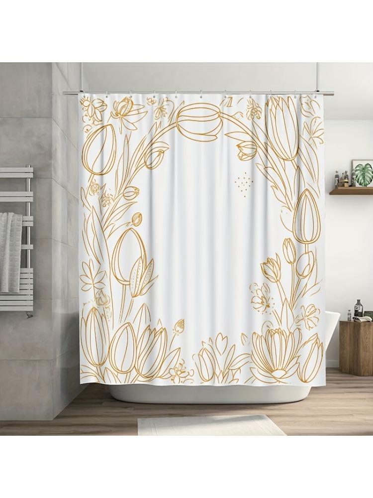 

1PC Spring Easter Shower Curtain, Golden Line Art Design,Durable Polyester, Easy Clean, with Hooks, for Bathroom & Window Decor W90xH180cm