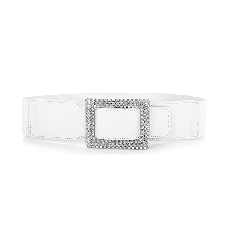 

Women s High-End Black Leather Rhinestone Buckle Elastic Waist Belt for Coats and Dresses білий