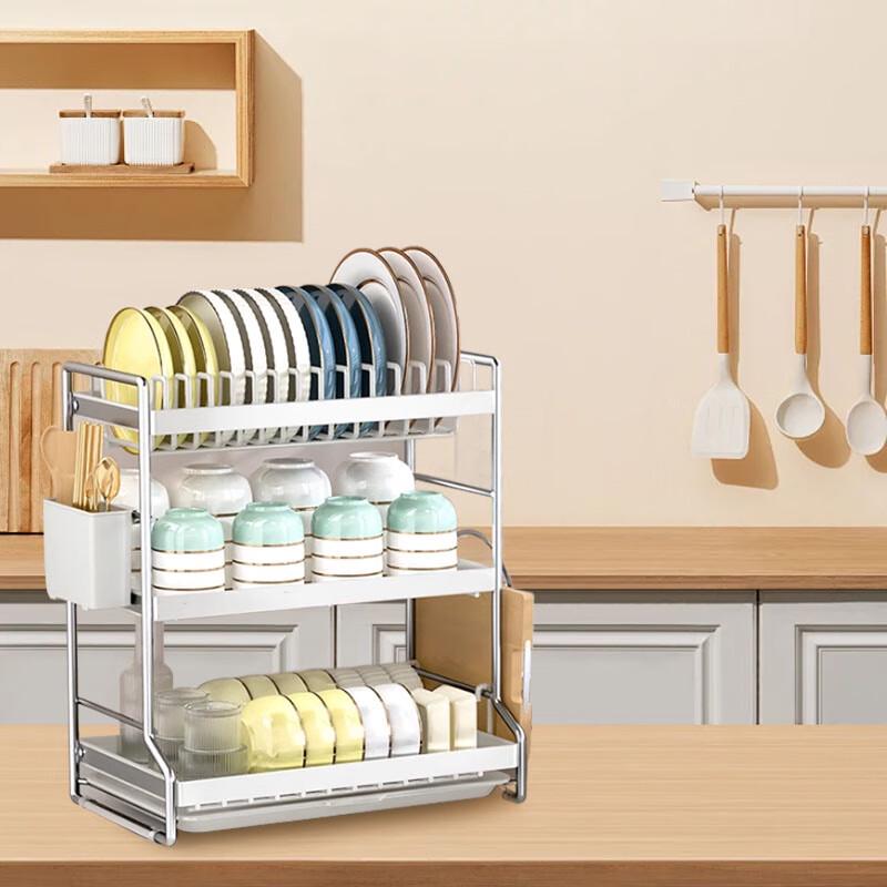 3-Tier Carbon Steel Countertop Dish Drying Rack with Utensil Holder