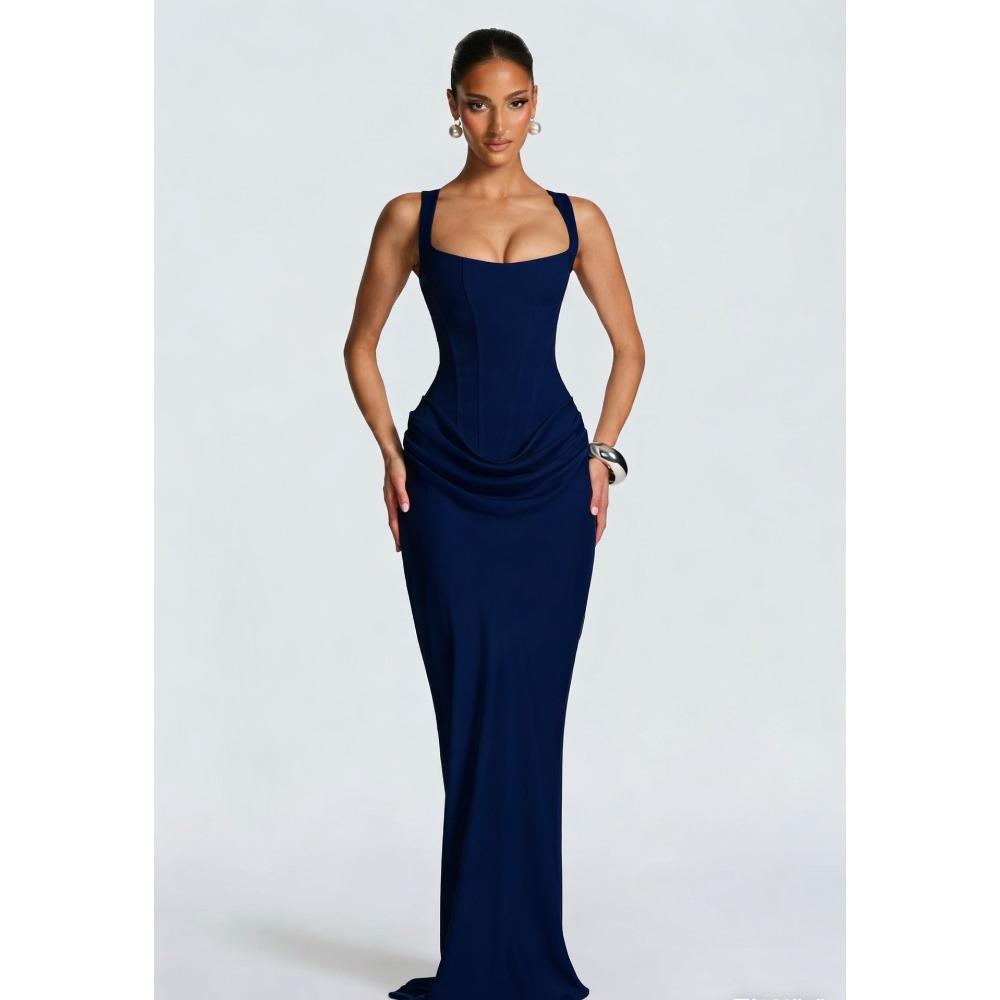 Women's Square Neck Sleeveless Solid Color Maxi Dress Mid Waist Bodycon Party Dress