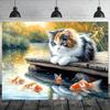 2D Oil Painting Style Tabby Cat Goldfish Fall Nature Home Decor Photography Backdrop