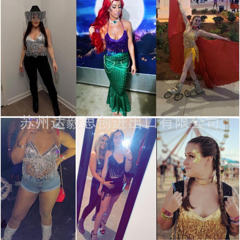 Electronic Music Section Split Swimwear Three-piece Set Glitter Cloth Sexy Fringed Bikini