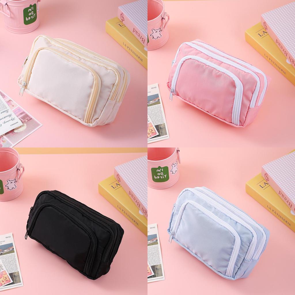Basic Polyester Three Layer Pencil Case With Clear Window For Students And Office Use