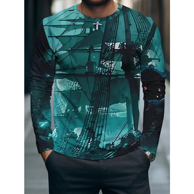 Herren 3D-Druck Crew-Neck Langarm-T-Shirt Mode Vielseitig Trend Atmungsaktiv Lässig