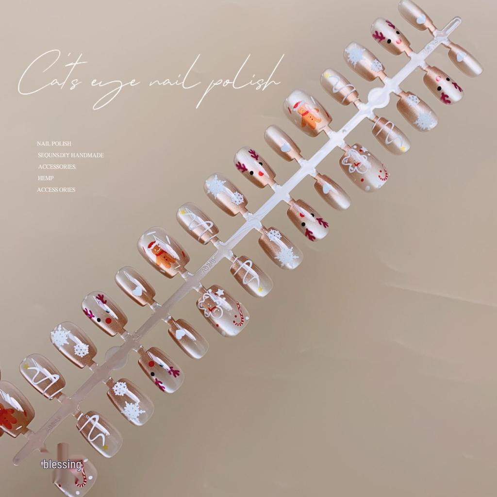 Festive Elk Cat Eye False Nails - Cute Wearable Christmas Nail Art