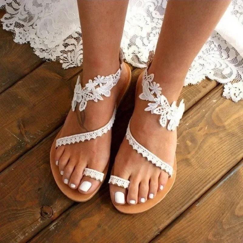 Mode 2025 Heißer Verkauf Schuhe für Frauen Schnürung Römische Sandalen Sexy Weiß Damen Slipper Flache Schuhe Übergröße Sandalias Zapatillas De Mujer