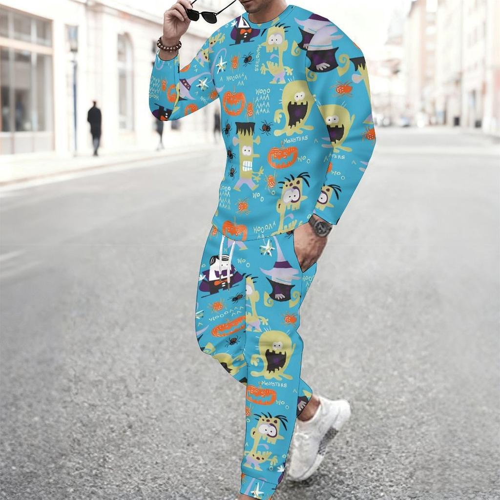 Men Black Base Farm Animal Pumpkin Sunflower Full Print Long Sleeve Sweatshirt Jogger Pants Two Piece Suit