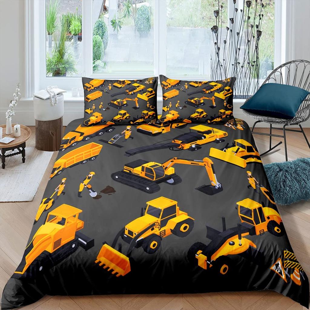Excavator Duvet Cover Set Microfiber Tractor Truck Comforter Cover Twin Construction Vehicle Cartoon Bedding Set For Boys Teens
