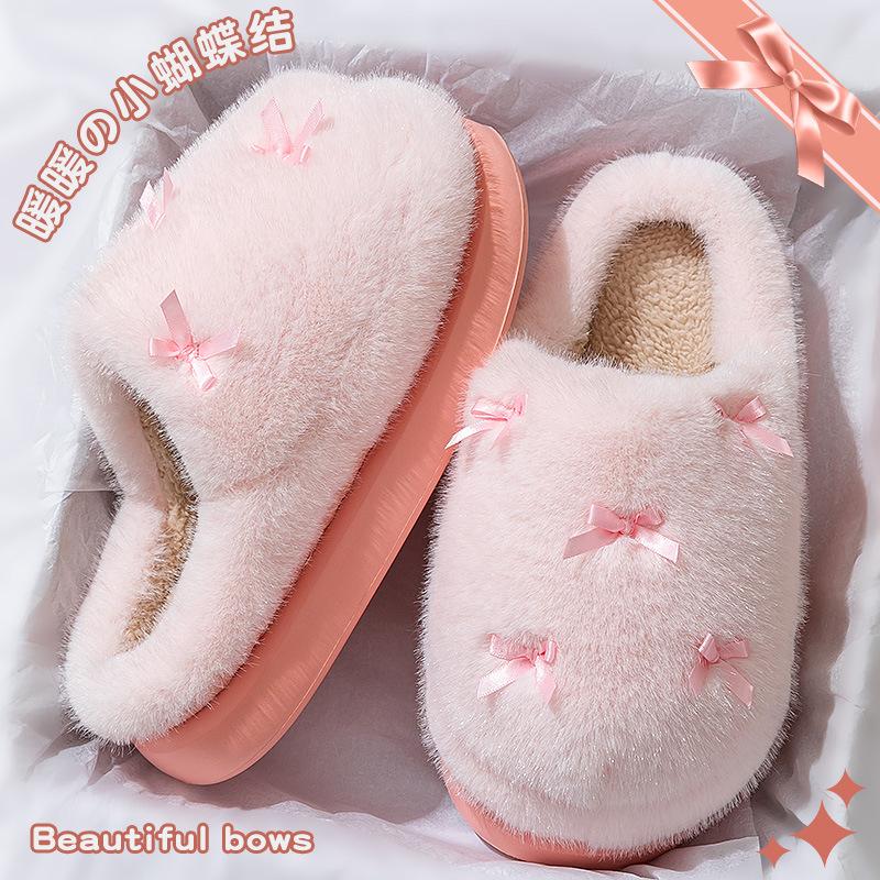 Bow cotton slippers women's autumn and winter wear new fashion girl warm plush cotton mop