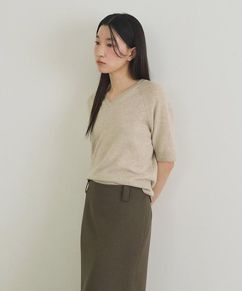 Lingseoul Merino Wool V-Neck Half Knit Top-Oatmeal