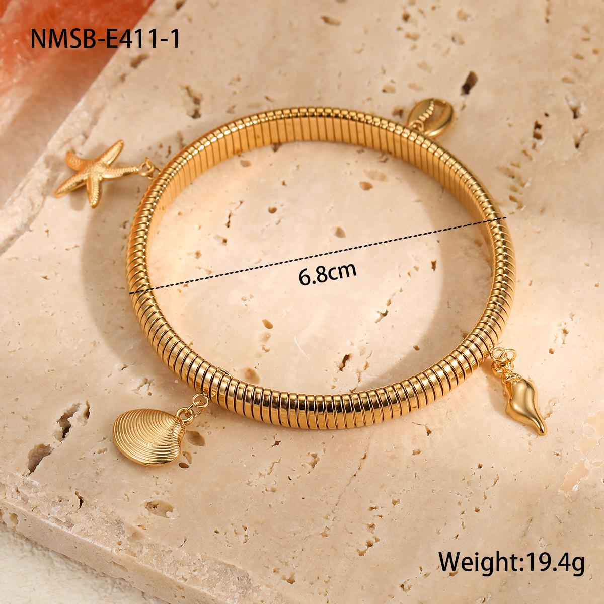 GEMCHIC Women s Summer Ocean Style Stainless Steel Bangle Bracelet with Starfish and Shell Charms, Gold Plated Beach Vacation Jewelry 18K